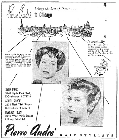 Chicago Tribune. October 1956 ad listing three Pierre Andre salons,